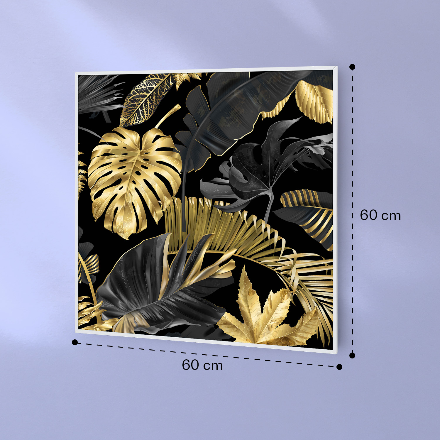 Quadro quadrato 60x60 cm con motivo di foglie tropicali dorate e nere.