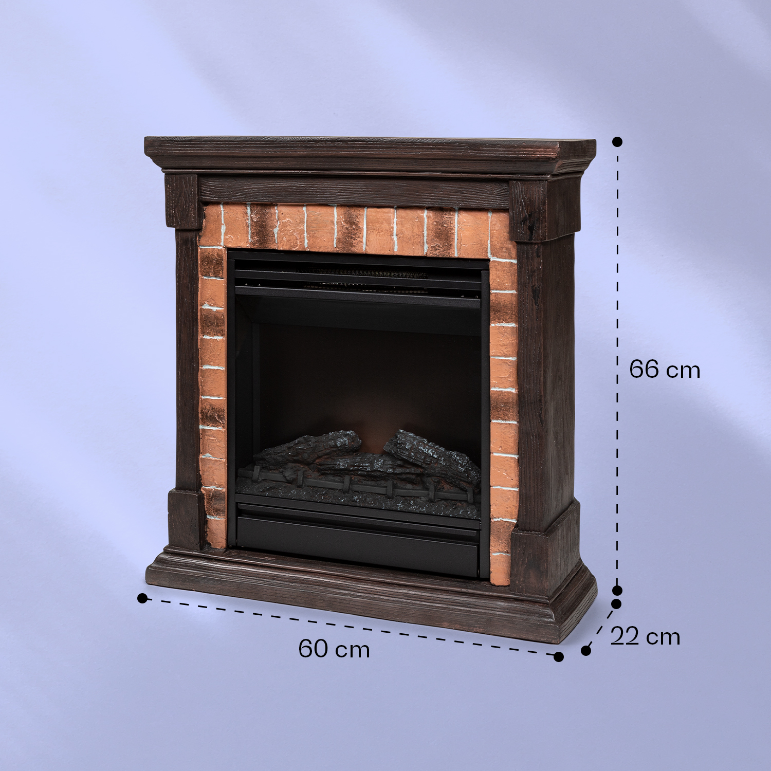 Chimenea eléctrica con acabado de madera y ladrillo, con dimensiones de 66 cm de alto y 60 cm de ancho.