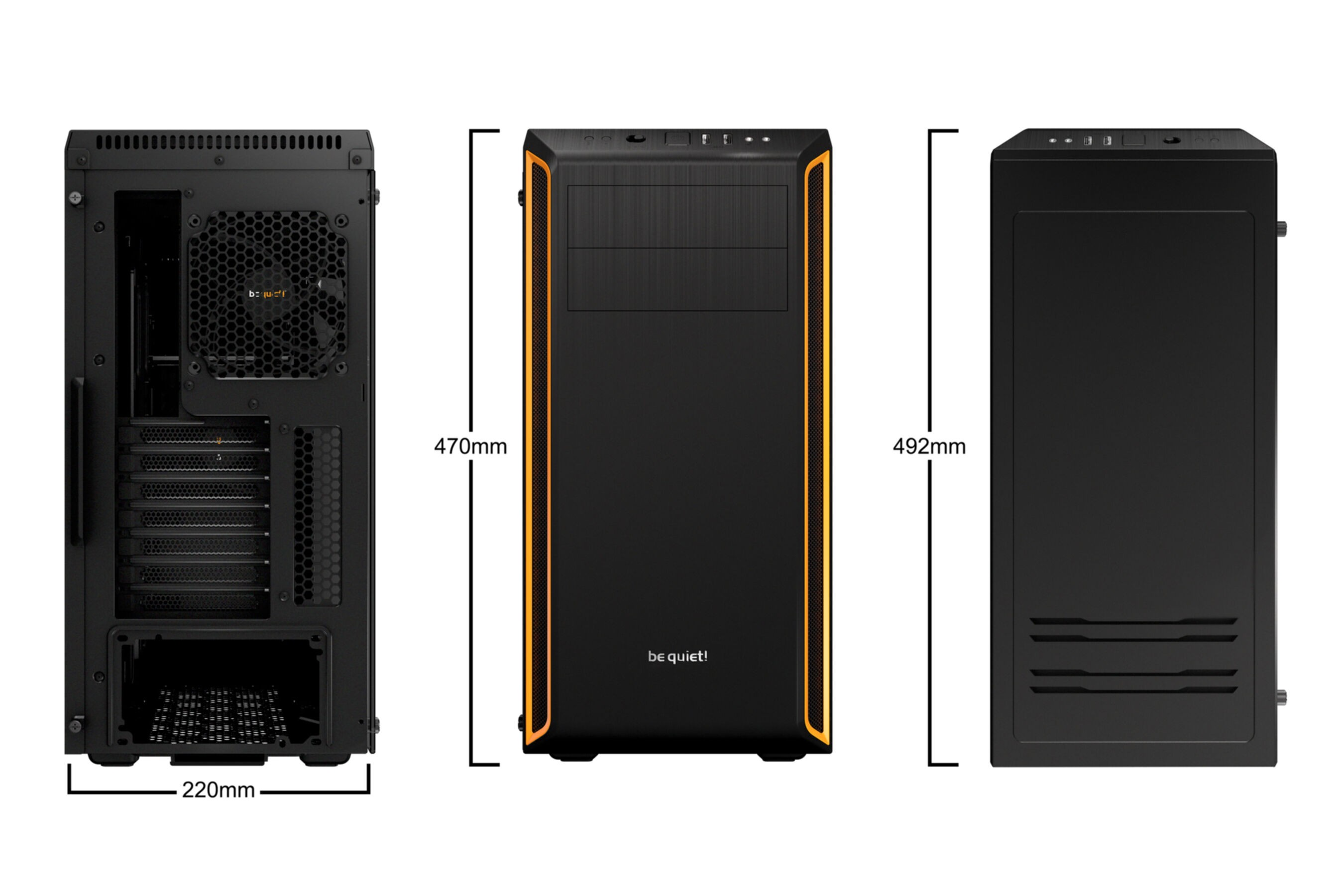 Tre viste di un case per computer nero con dettagli arancioni e dimensioni in millimetri.