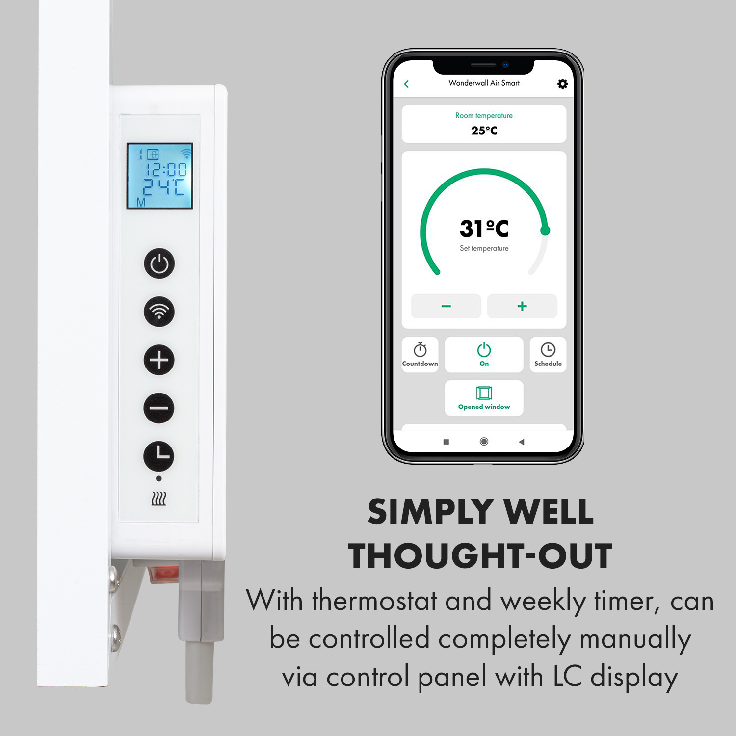 Smart-Heizung mit LC-Display und Smartphone-App zur Temperaturregelung.