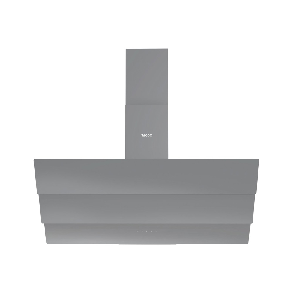 A grey Wiggo cooker hood with a wide, tiered design and a chimney flue against a white background.