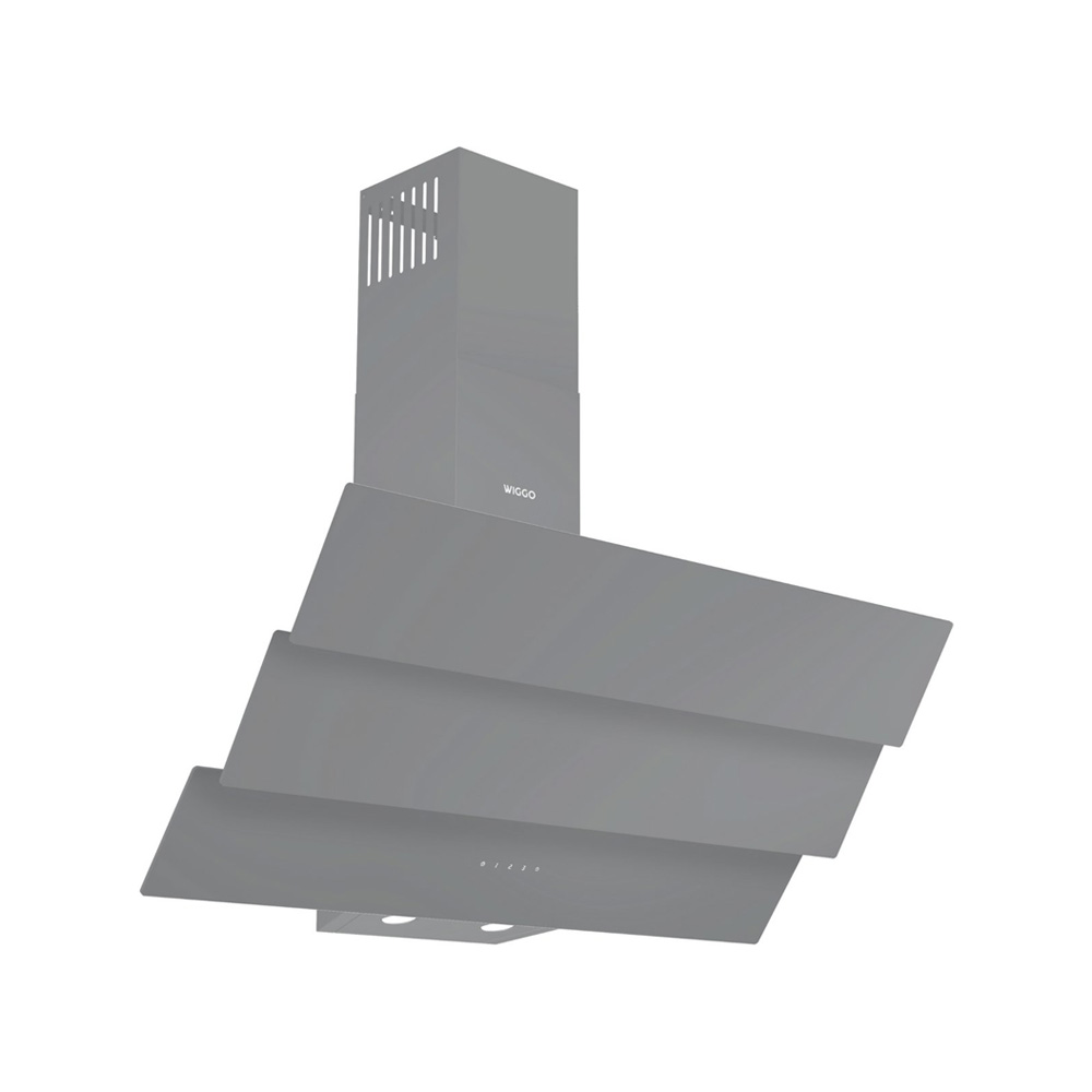 Modern grey cooker hood with three slanted glass panels against a white background.