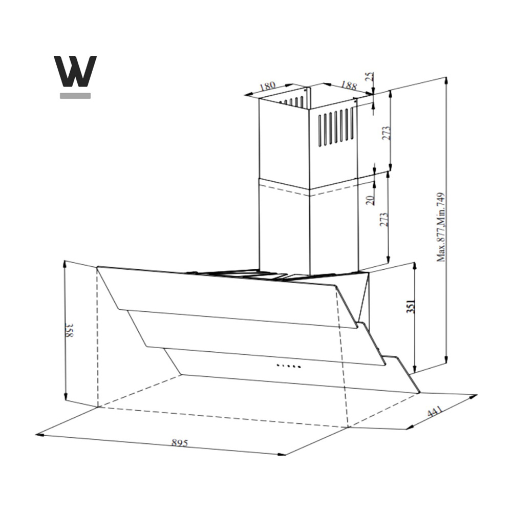 Technical drawing of a kitchen extractor hood with dimensions in millimeters.