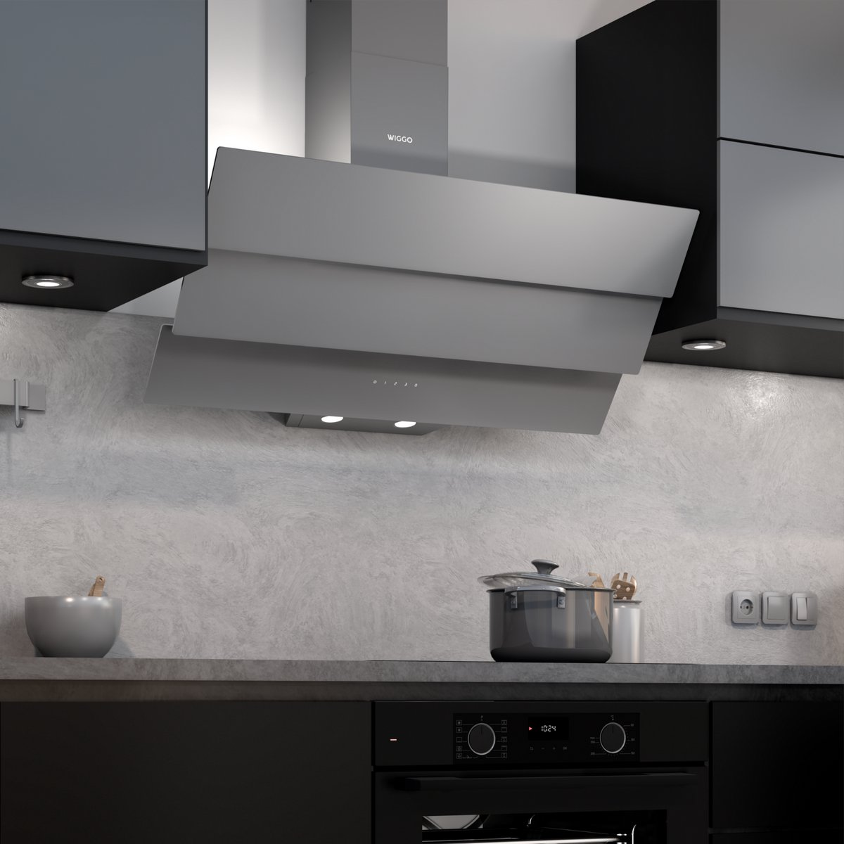 A modern kitchen features a grey angled range hood, dark cabinets, a textured wall, and a pot on the counter.