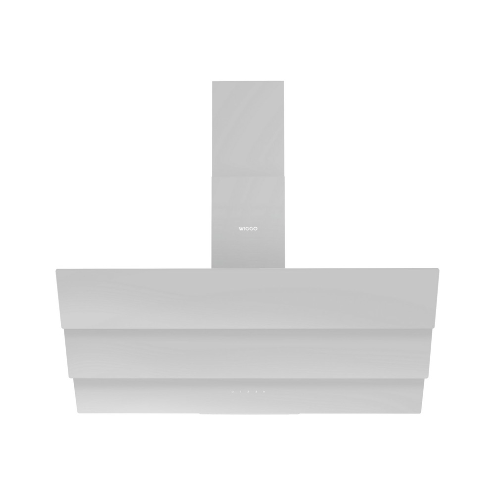 Modern grey wall-mounted cooker hood with a matching chimney flue and touch control panel.