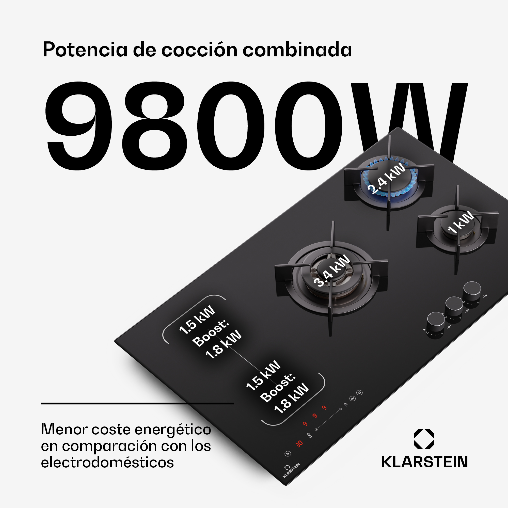 Piano cottura combinato Klarstein da 9800W con zone a gas e induzione, potenze e controlli touch su vetro nero.