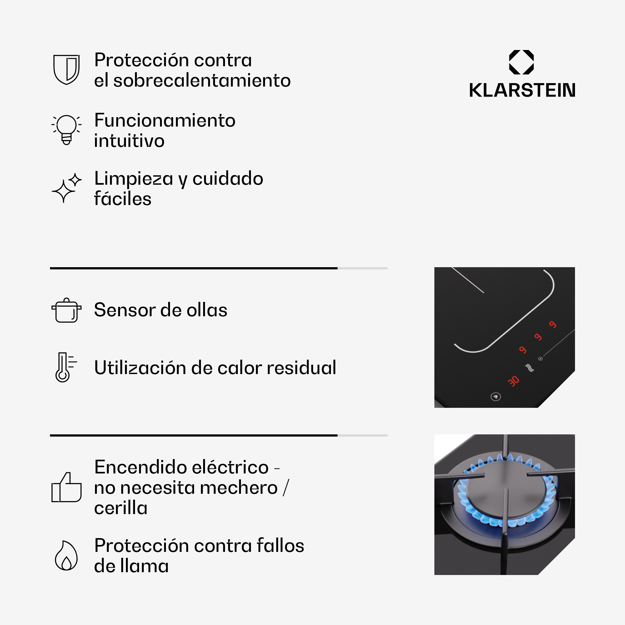Funzionalità del piano cottura Klarstein con icone.