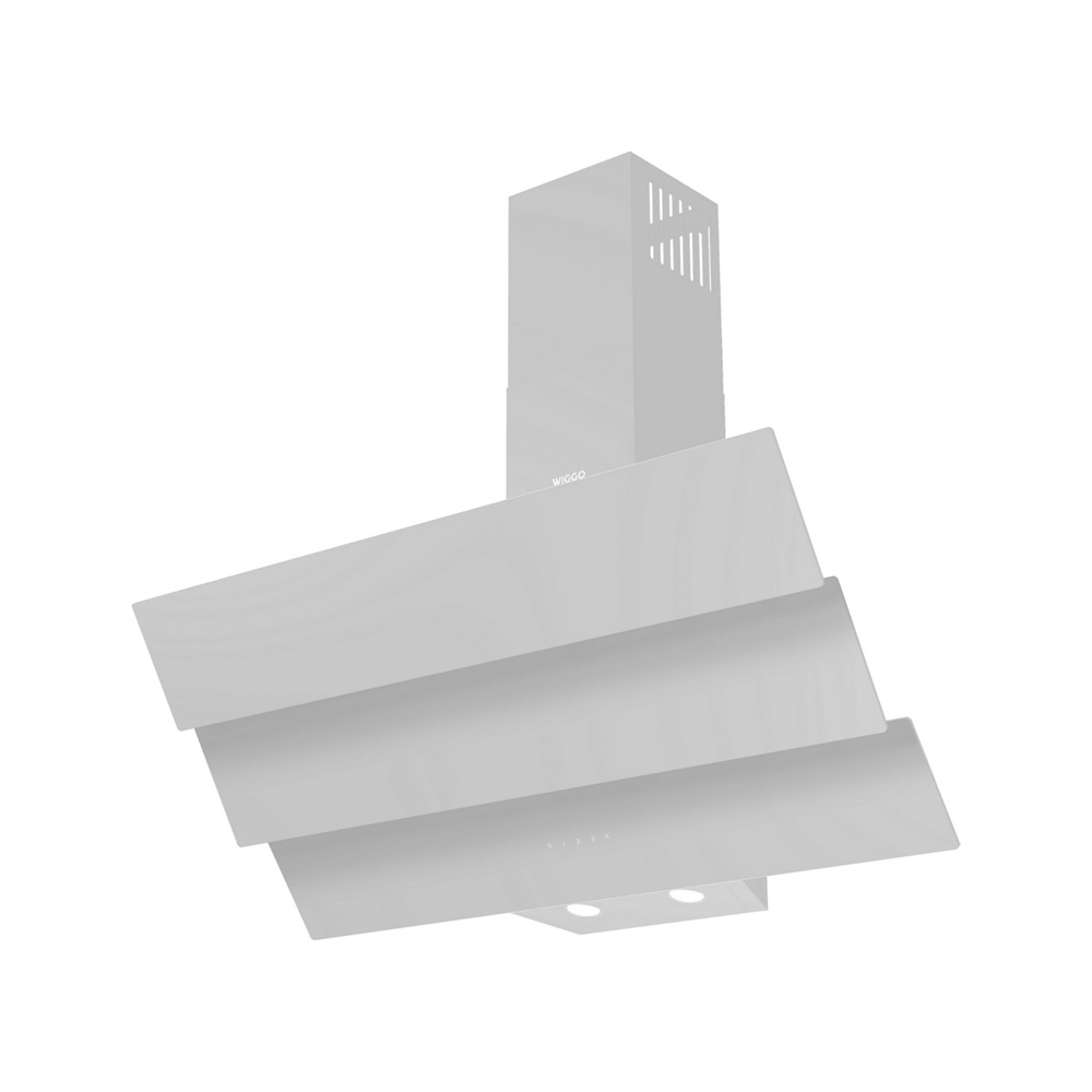A modern white kitchen extractor hood with layered glass panels and a tall ventilation chimney against a white background.