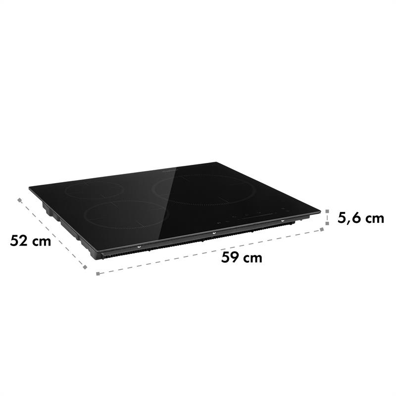 Ein schwarzes Induktionskochfeld mit den Maßen 59 cm Breite, 52 cm Tiefe und 5,6 cm Höhe vor weißem Hintergrund.