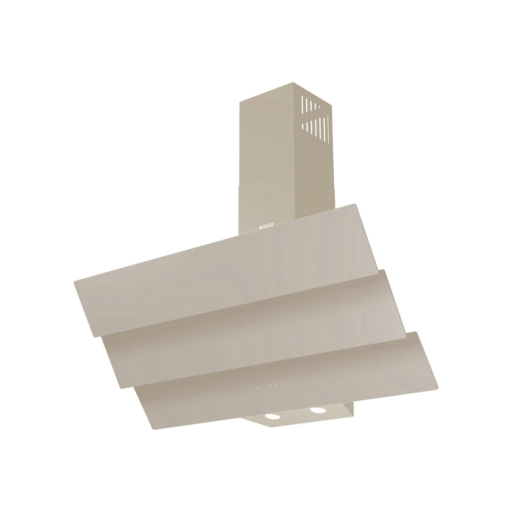 A beige kitchen cooker hood featuring a tiered glass front and a chimney vent, isolated on a white background.