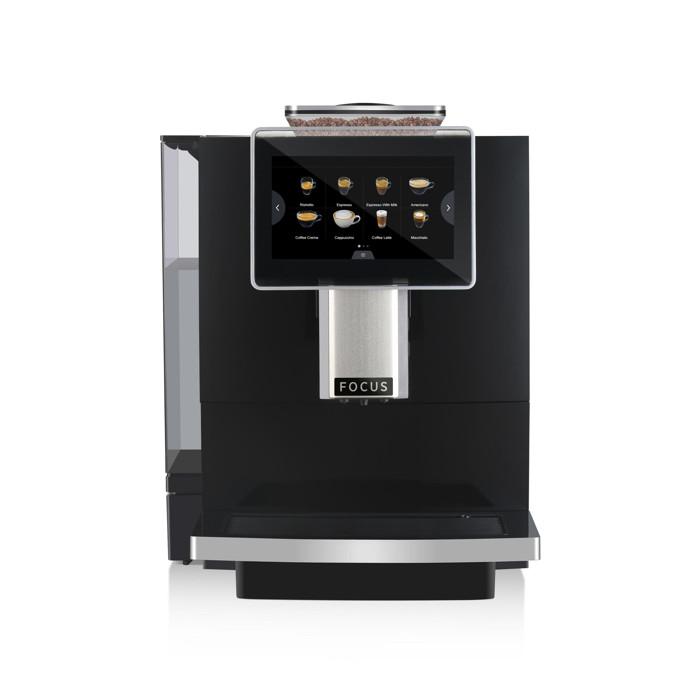 Eine schwarze FOCUS Gewerbe-Kaffeemaschine mit Touchscreen für verschiedene Kaffeemahlzeiten und Bohnenbehälter.