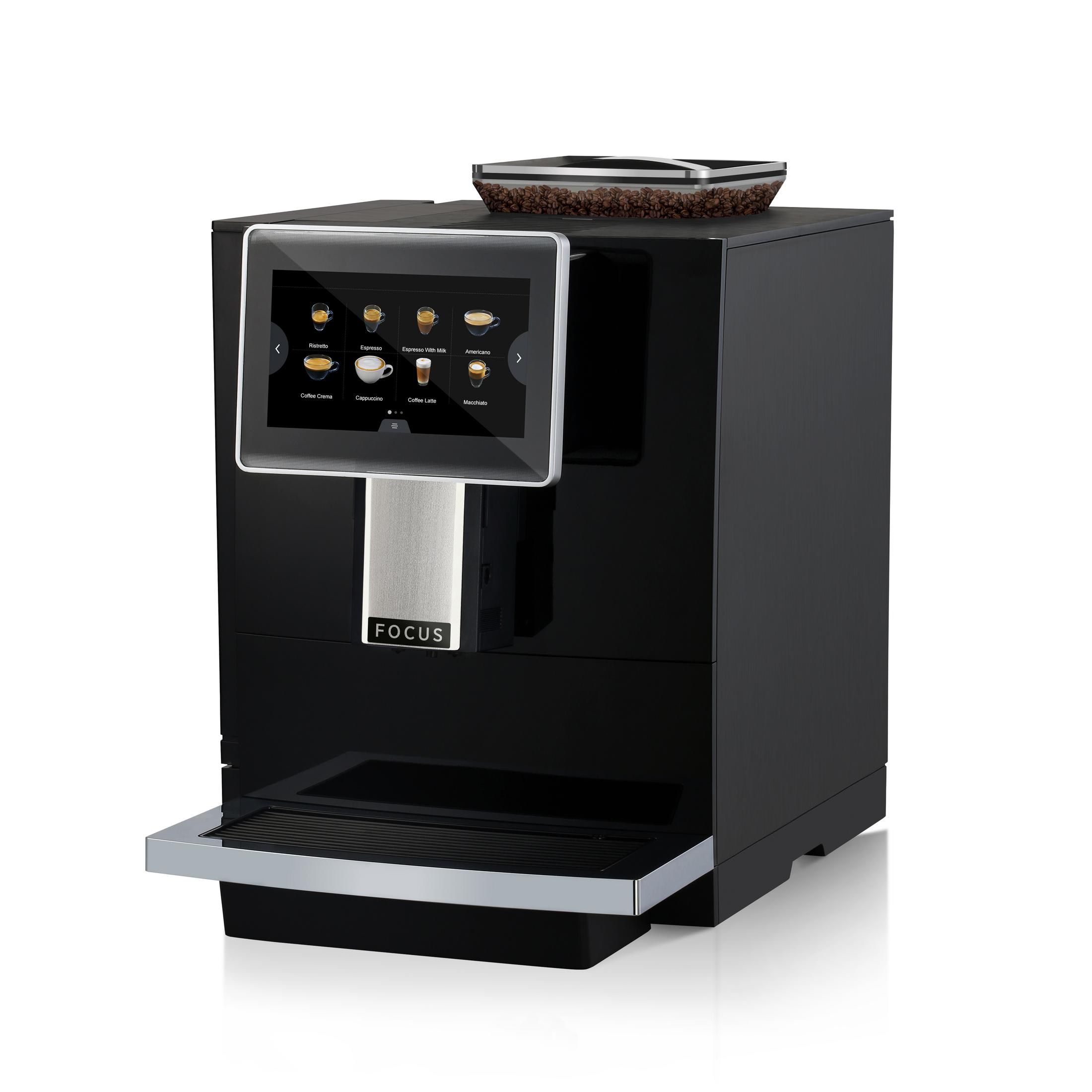 Ein schwarzer Kaffeeautomat mit Touchscreen und Bohnenbehälter oben.
