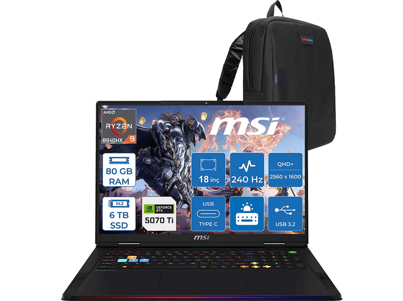 MSI Raider A18 HX A8WHG-280TR DDR5 Rtx5070Ti 280TRF19 AMD Ryzen 9 8940HX 80 GB RAM 6 TB SSD 18 inç FreeDOS Laptop+Çanta Black