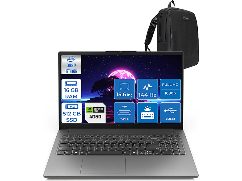 LENOVO Loq DDR5 6GB/RTX4050 144Hz 15IAX9EF01 Intel Core i7-12650HX 16 GB RAM 512 GB SSD 15,6 inç FreeDOS Laptop+Çanta Luna Grey