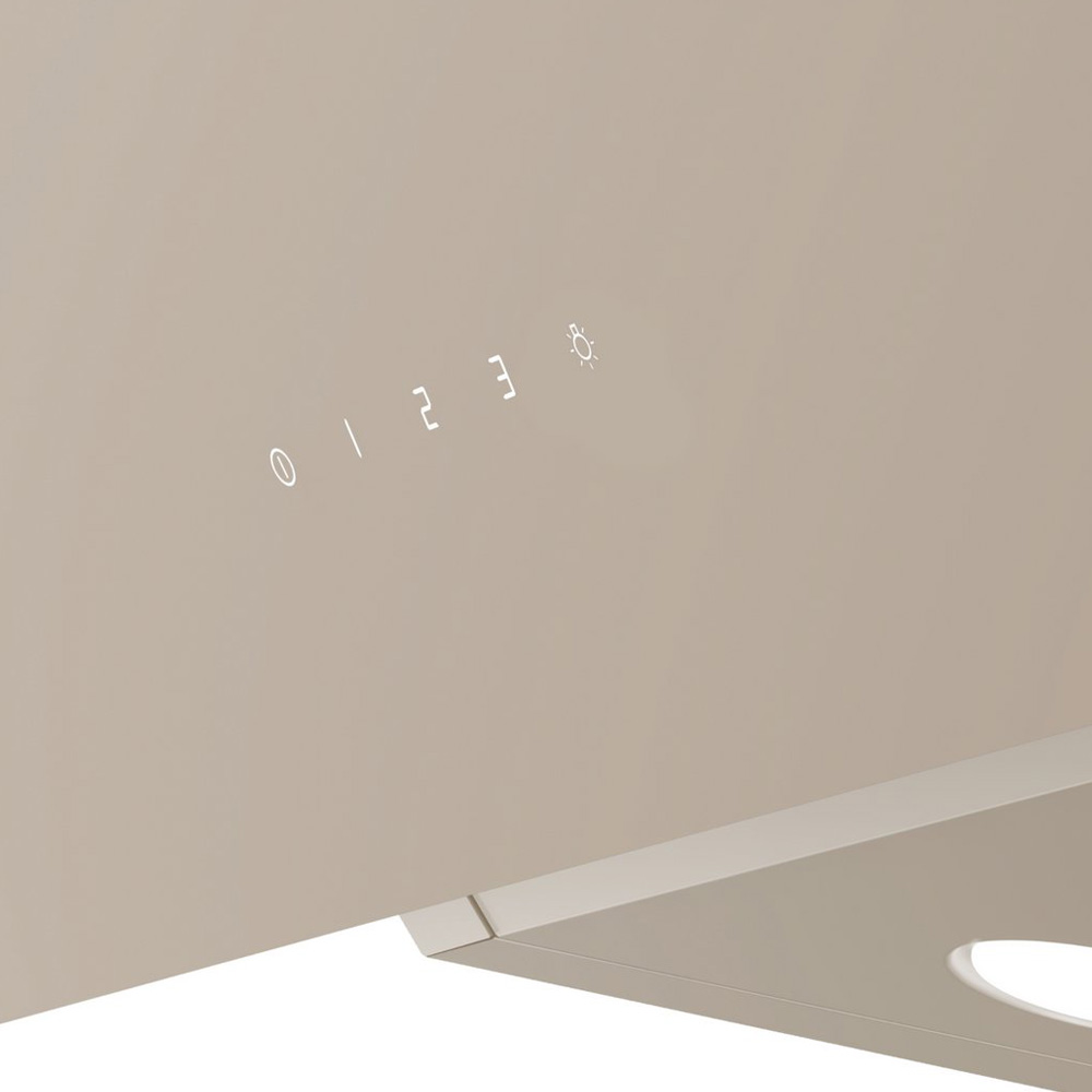 Beige range hood with an illuminated touch control panel for power and light.