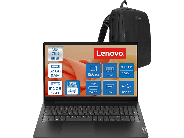 LENOVO V15 Gen5 Irl DDR5 UHDGraphics 83GW008BTXF12 Intel Core i5-13420H 32 GB RAM 512 GB SSD 15,6 inç FreeDOS Laptop+Çanta Siyah