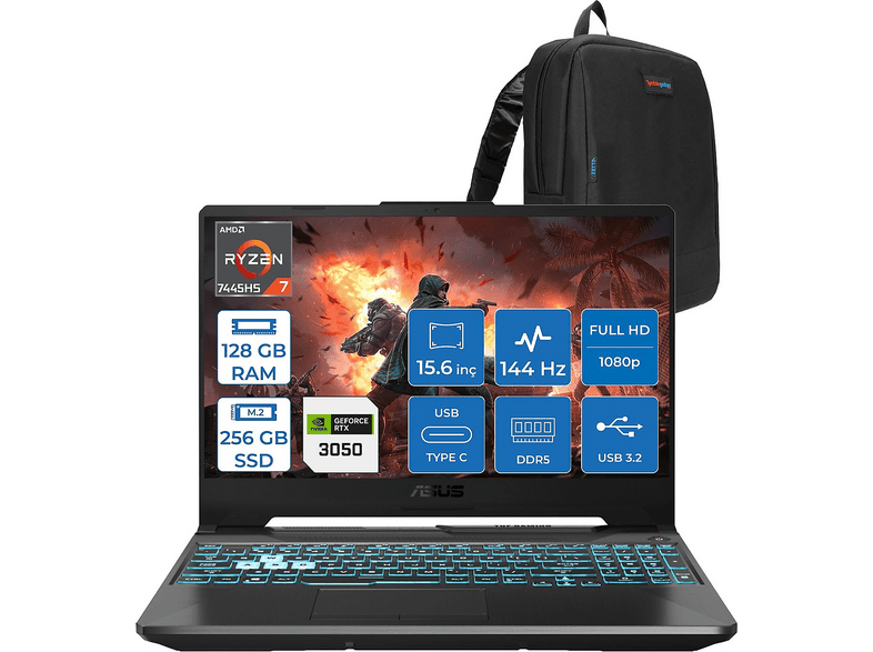 ASUS Tuf Gaming A15 – FA506NCG Rtx3050 HN206AF36 AMD Ryzen 7 7445HS 128 GB RAM 256 GB SSD 15,6 inç FreeDOS Laptop+Çanta Siyah
