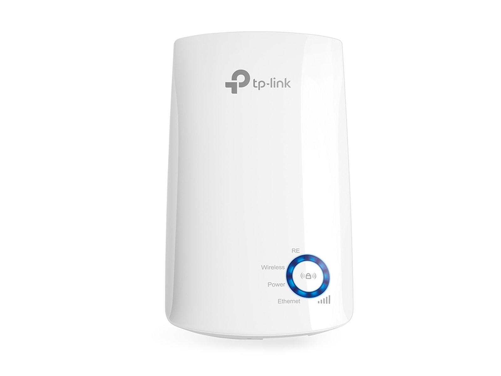 Un extensor de rango Wi-Fi TP-Link blanco con un indicador LED circular azul brillante.
