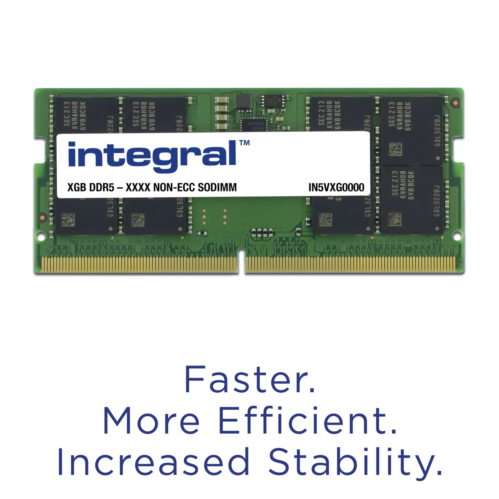 RAM verde Integral DDR5 SODIMM con etichetta bianca e contatti dorati.