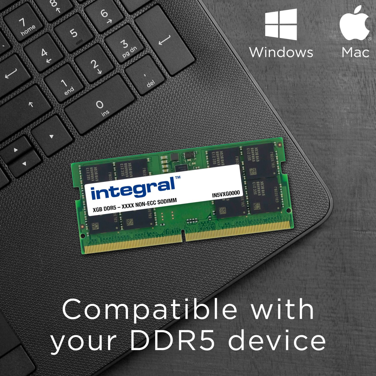 Modulo RAM Integral DDR5 SODIMM su laptop, compatibile con Windows e Mac.