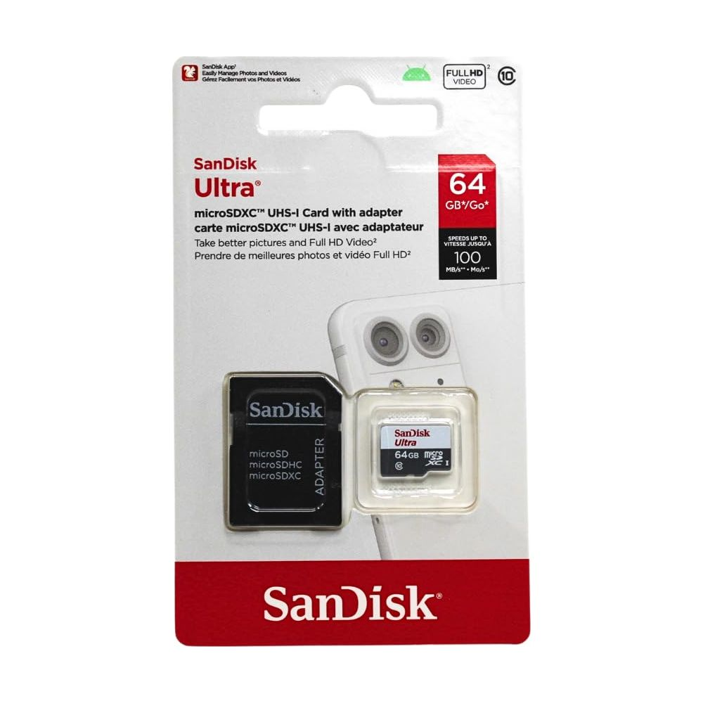 Tarjeta microSDXC SanDisk Ultra de 64 GB en su empaque original con adaptador SD.