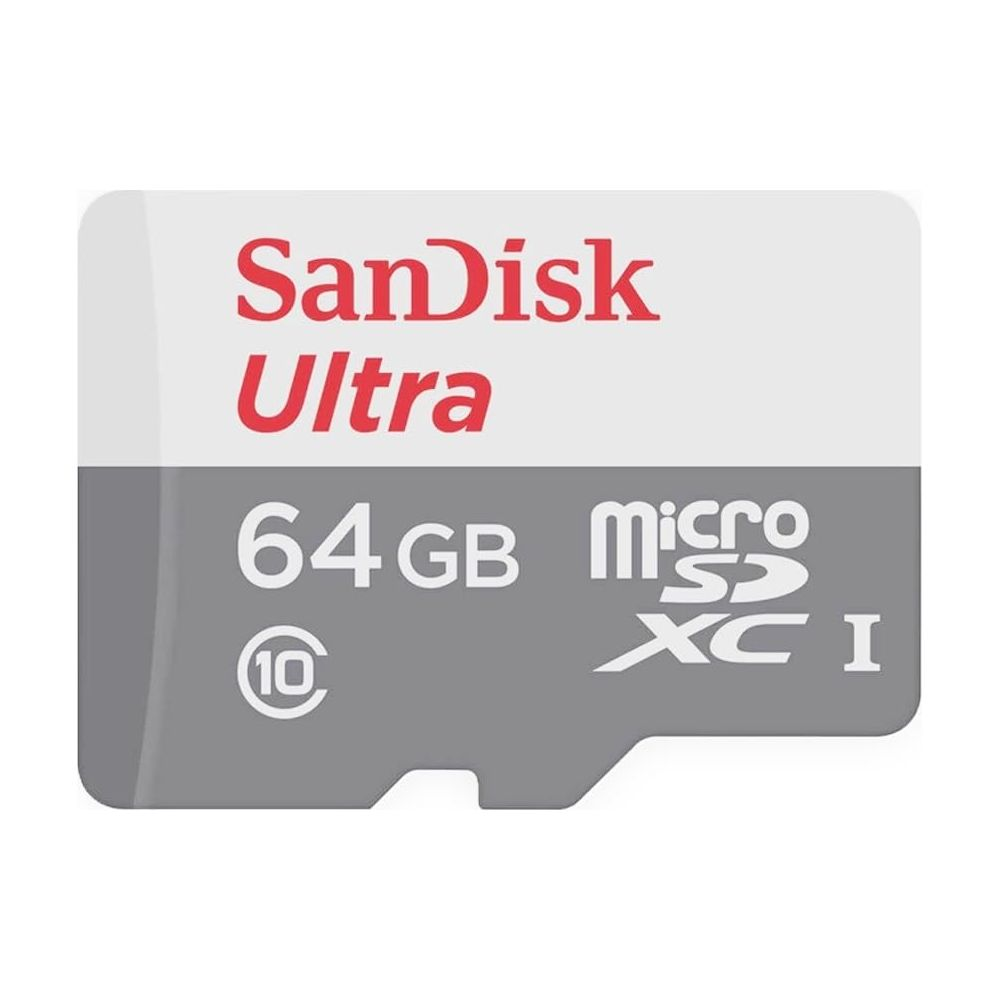 Tarjeta de memoria microSDXC SanDisk Ultra de 64 GB en gris y blanco con marca roja sobre fondo blanco.