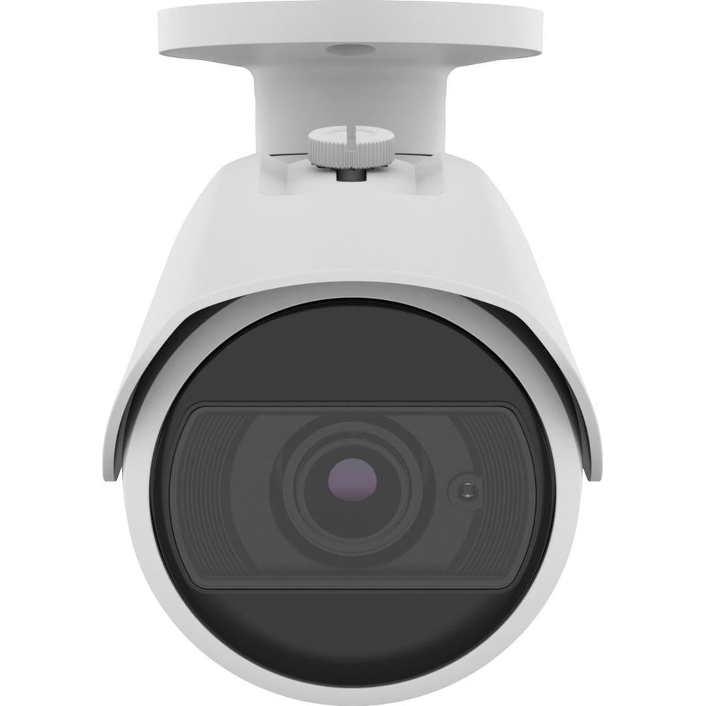 Une caméra de sécurité blanche avec boîtier monté orientée vers l'avant sur fond clair.