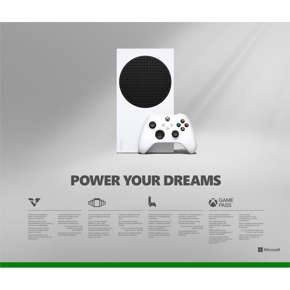 Xbox Series S Konsole und Controller mit Text "POWER YOUR DREAMS" vor hellem Hintergrund.