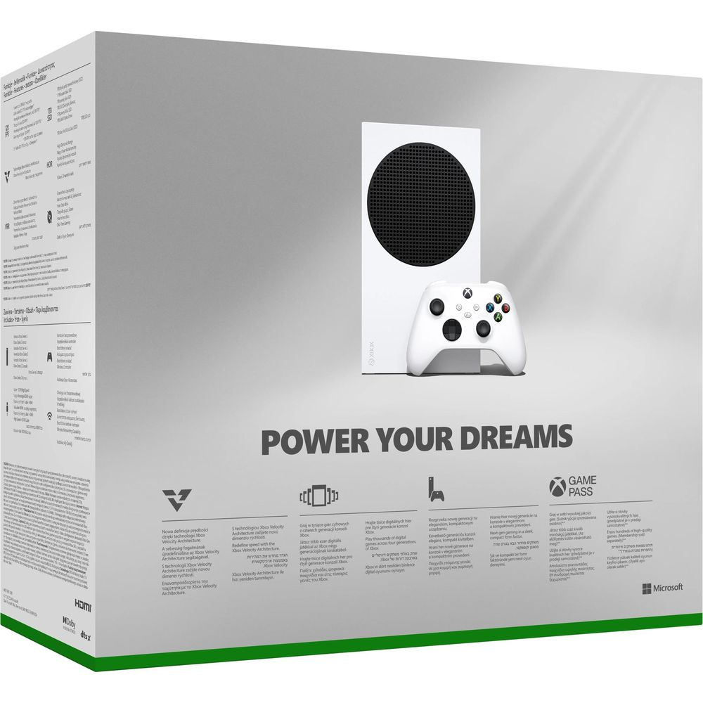 Eine weiße Xbox Series S Konsole mit Controller vor ihrer Verpackung und der Aufschrift POWER YOUR DREAMS.
