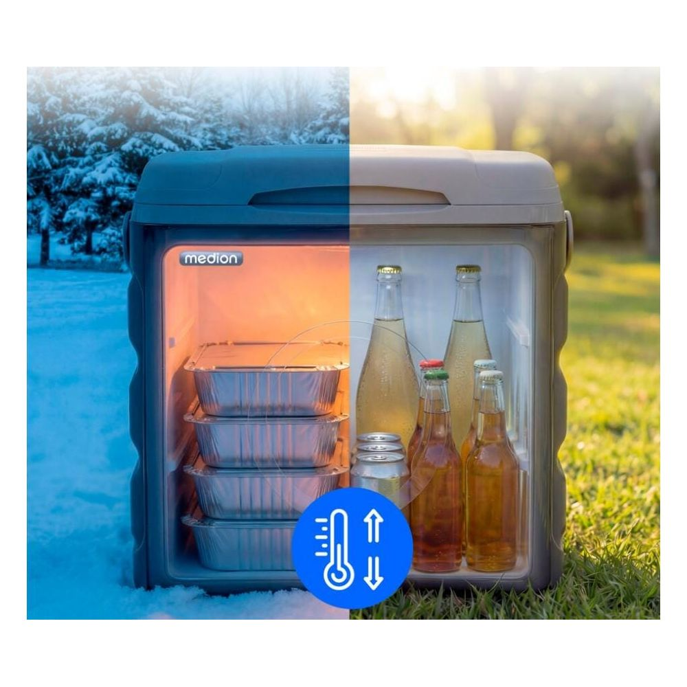 Tragbare Kühlbox im Vergleich: links im Schnee mit warmem Essen, rechts auf Gras mit kalten Getränken.