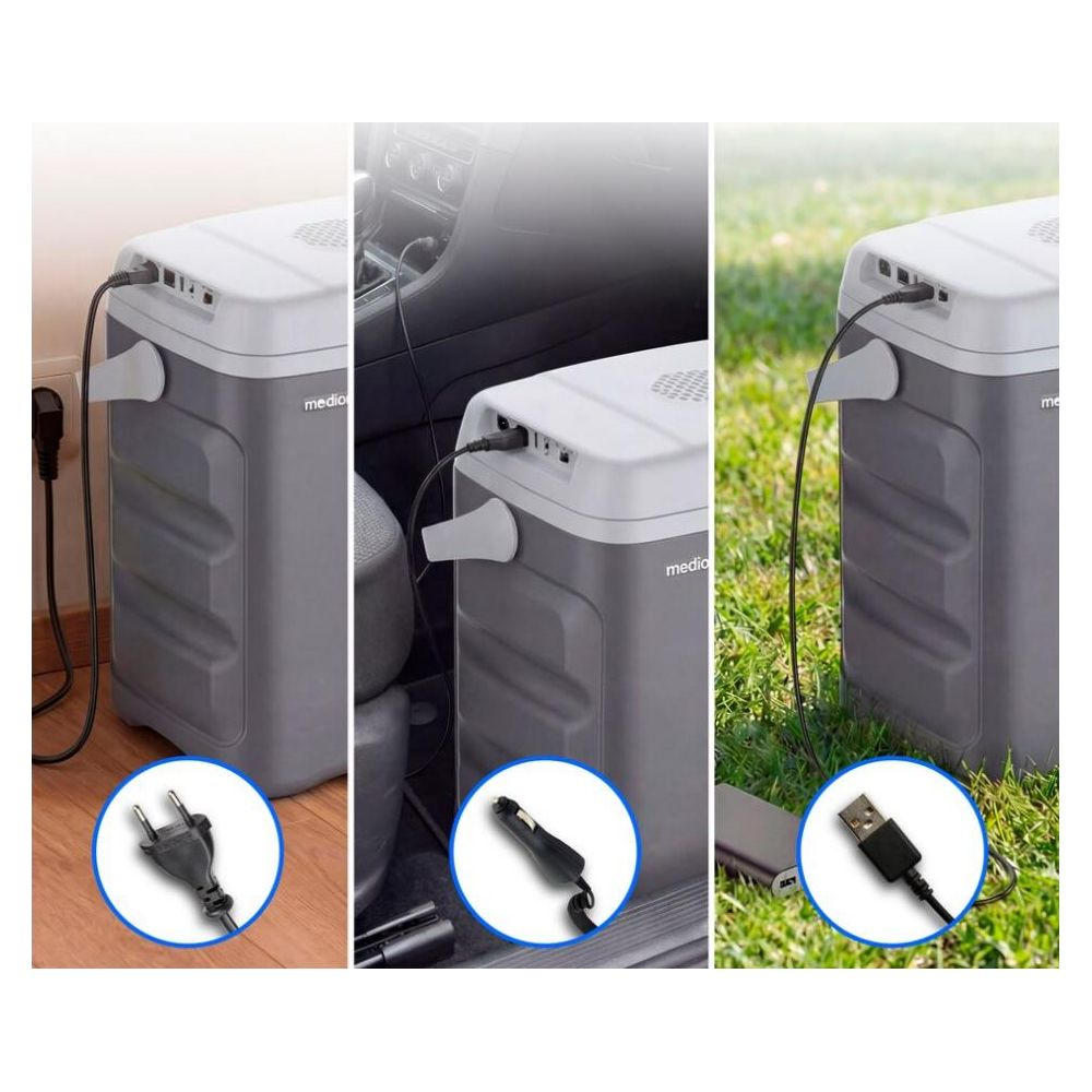 Eine graue Kühlbox, betrieben über Steckdose, Autostecker und USB-Powerbank.