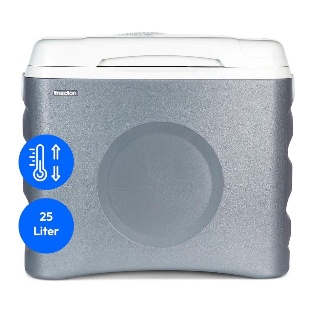 Una nevera portátil Medion gris y blanca de 25 litros con iconos de temperatura y capacidad.