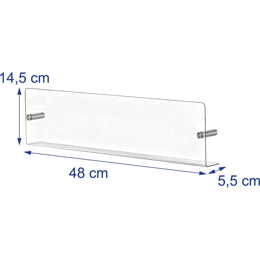 Technische Zeichnung eines transparenten Acryl-Wandregals mit Maßen: 48 cm breit, 14,5 cm hoch, 5,5 cm tief.