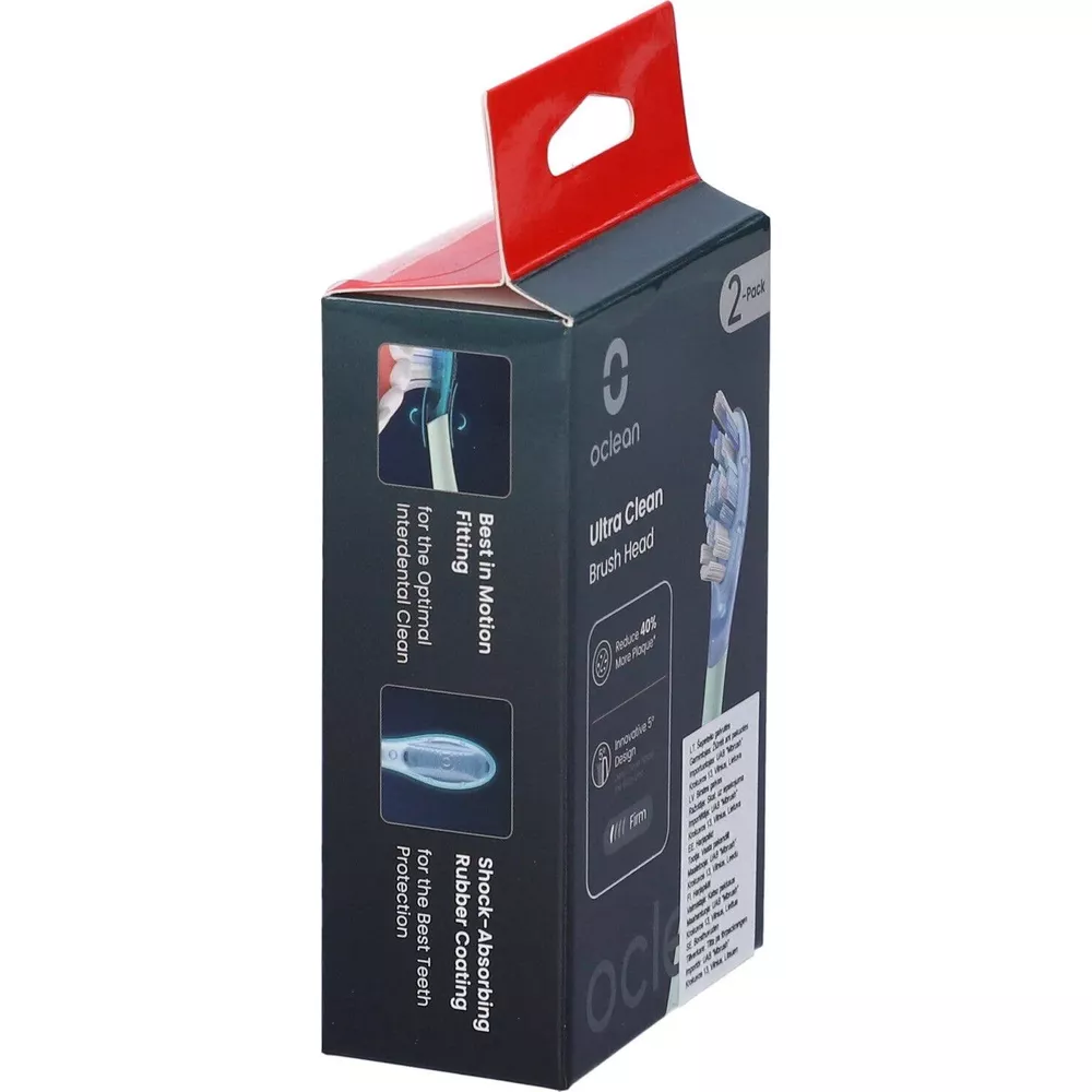 Una caja negra de cabezales de cepillo Oclean Ultra Clean con detalles rojos y descripciones de productos.