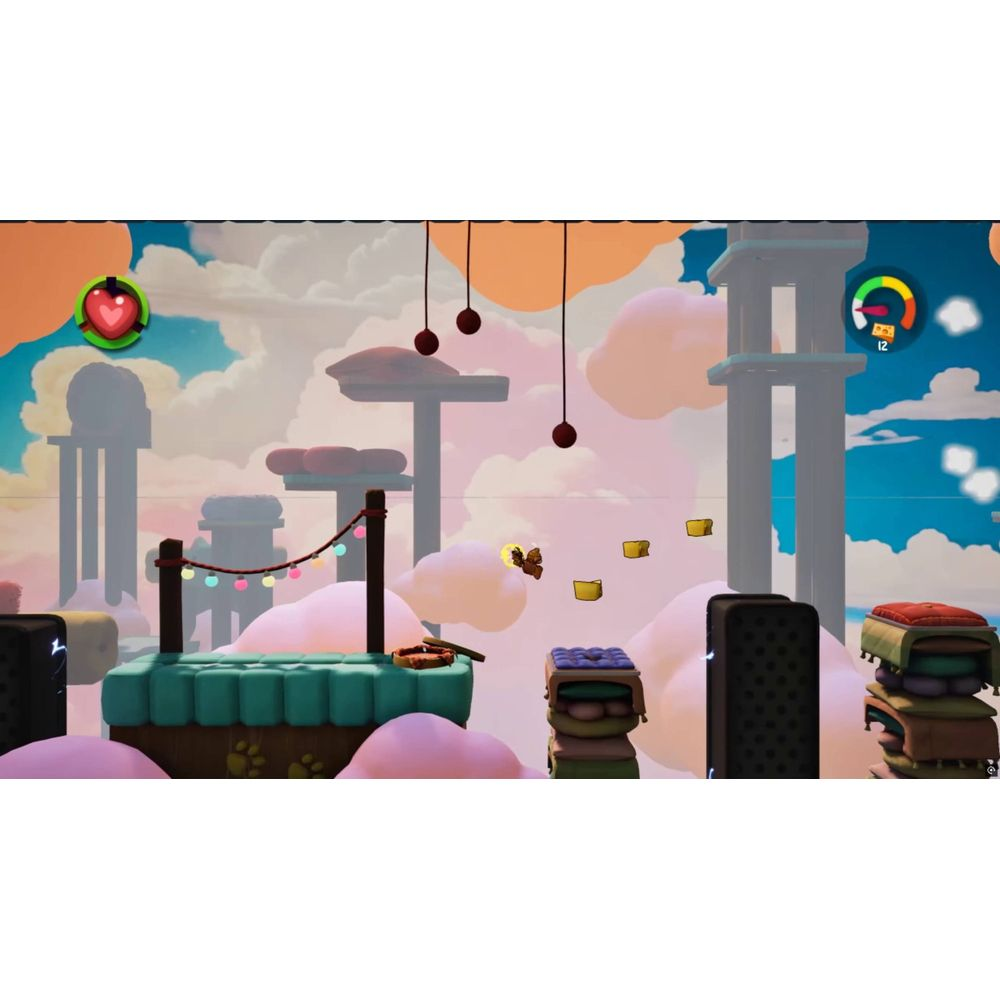 Un jeu de plateforme coloré dans le ciel avec des coussins, des plateformes flottantes et des nuages roses.