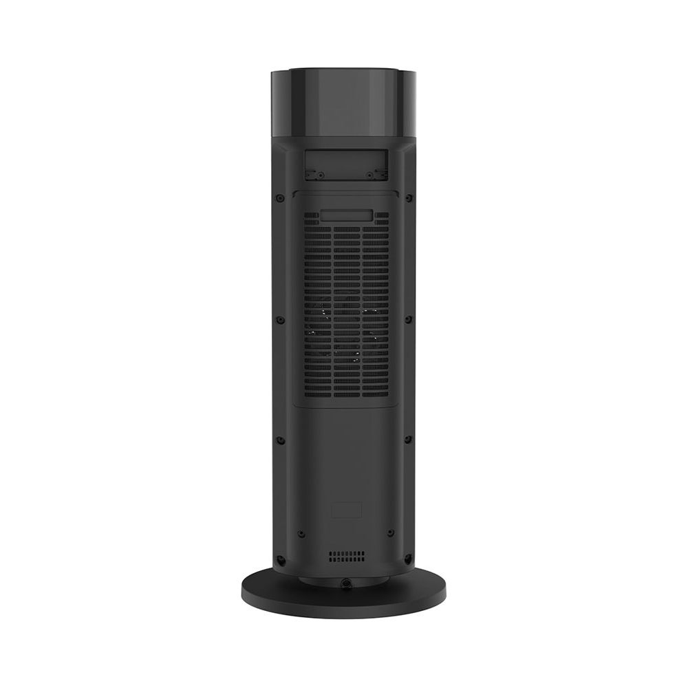Un ventilatore a torre nero su base rotonda con sfondo bianco.