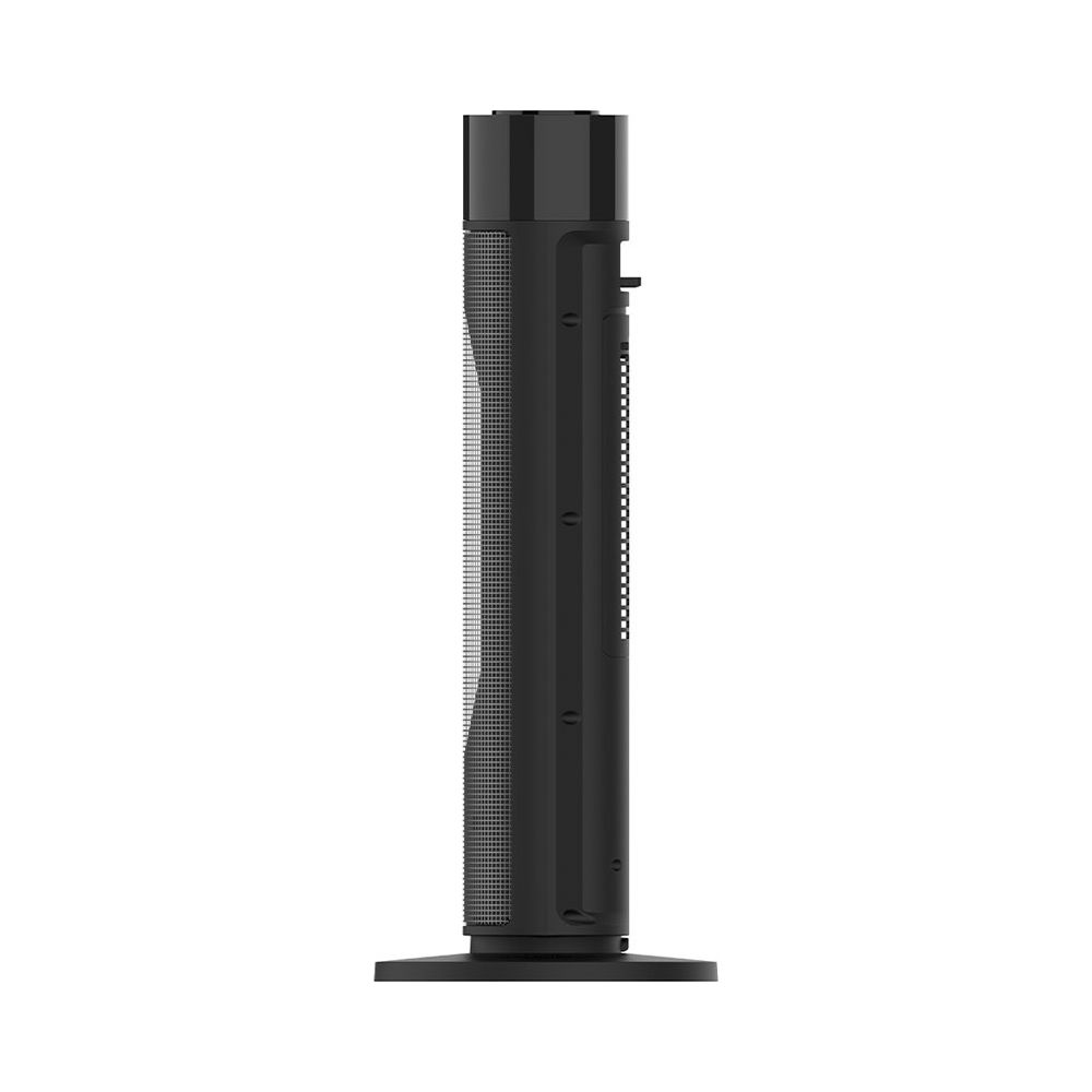 Un elegante ventilatore a torre nero con griglia frontale e base piatta su sfondo bianco.