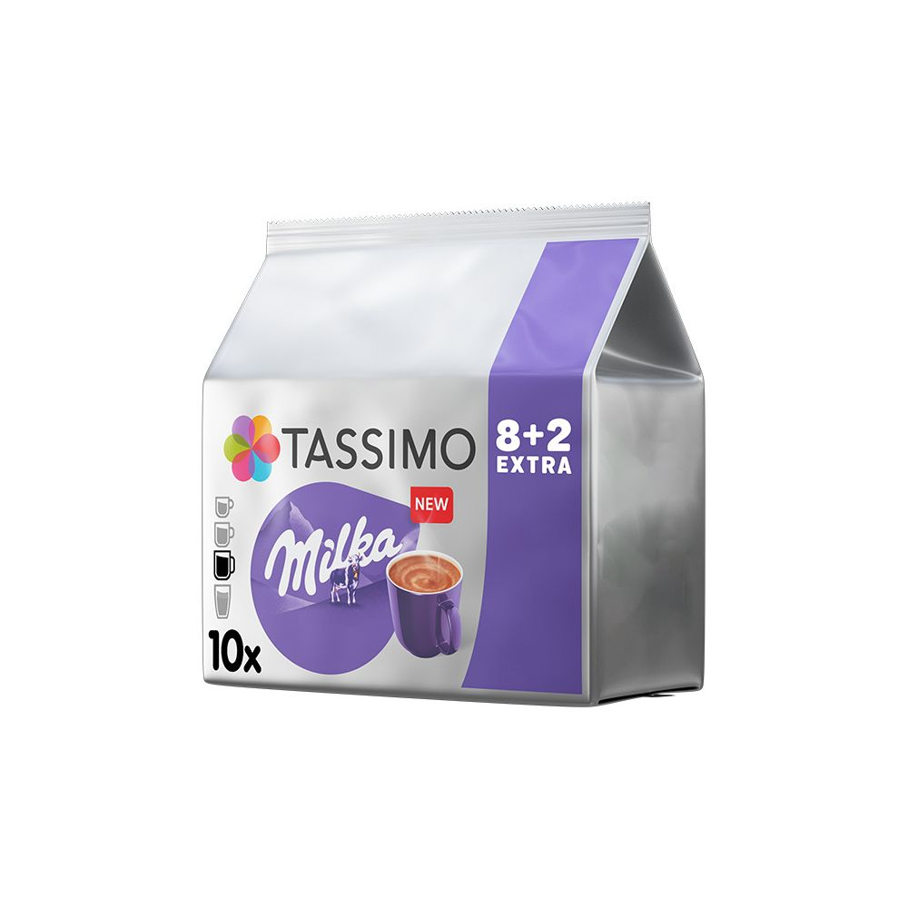 Envase de cápsulas de café Tassimo Milka plateado con detalles morados y una taza de cacao.