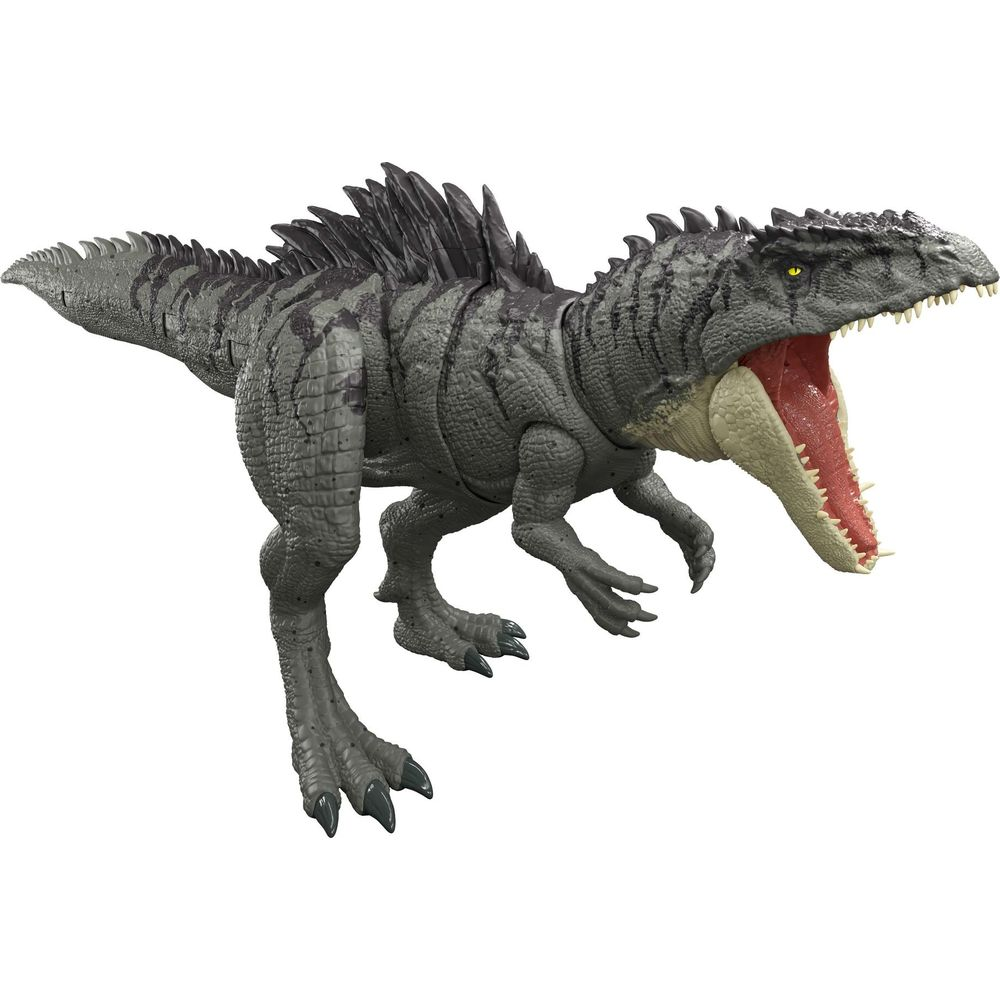 Juguete de dinosaurio gris con la boca abierta y dientes grandes, sobre fondo blanco.