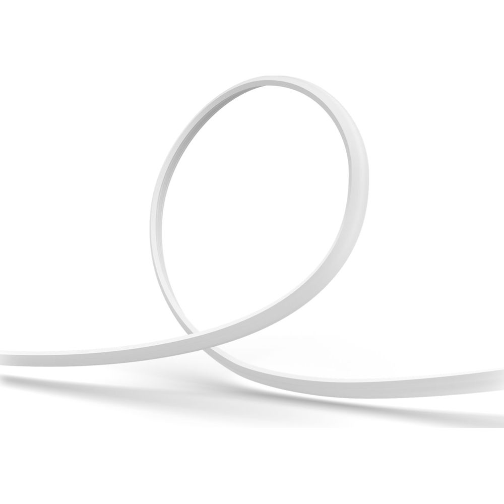 Una tira LED flexible blanca forma un bucle suave sobre fondo blanco.