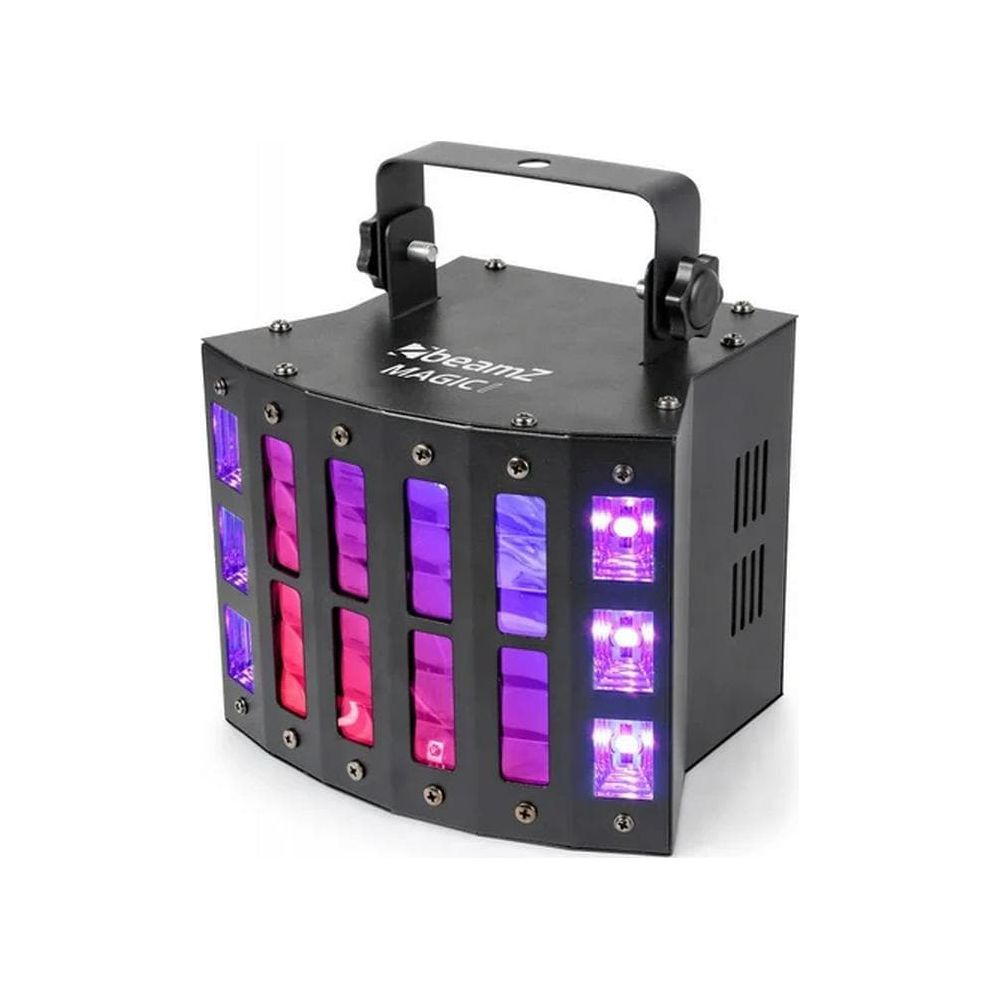 Ein schwarzer BeamZ LED-Lichteffektwerfer mit violetten und pinken Linsen auf einer weißen Oberfläche.