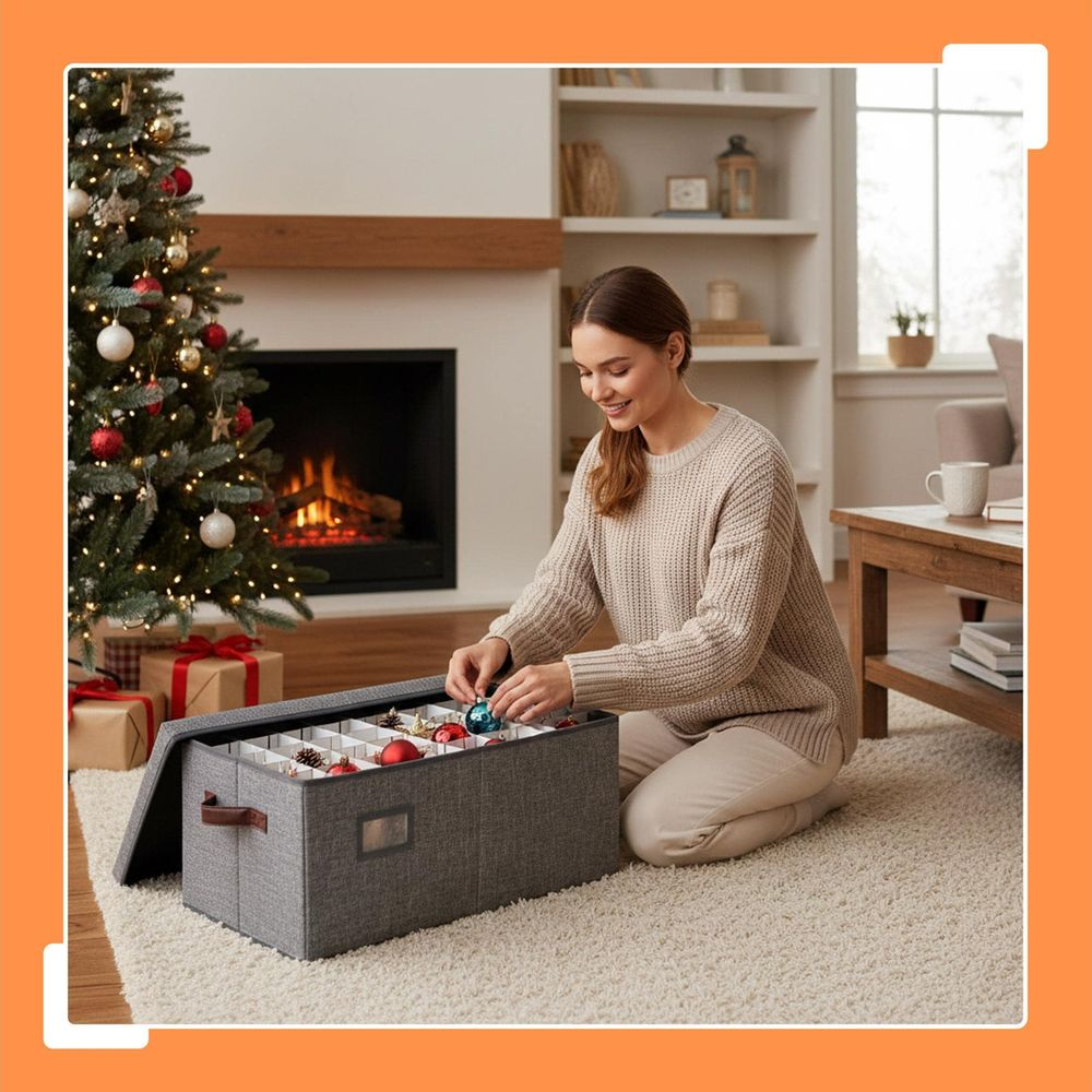Eine Frau in einem gemütlichen Raum sortiert Weihnachtsschmuck in eine graue Aufbewahrungsbox.
