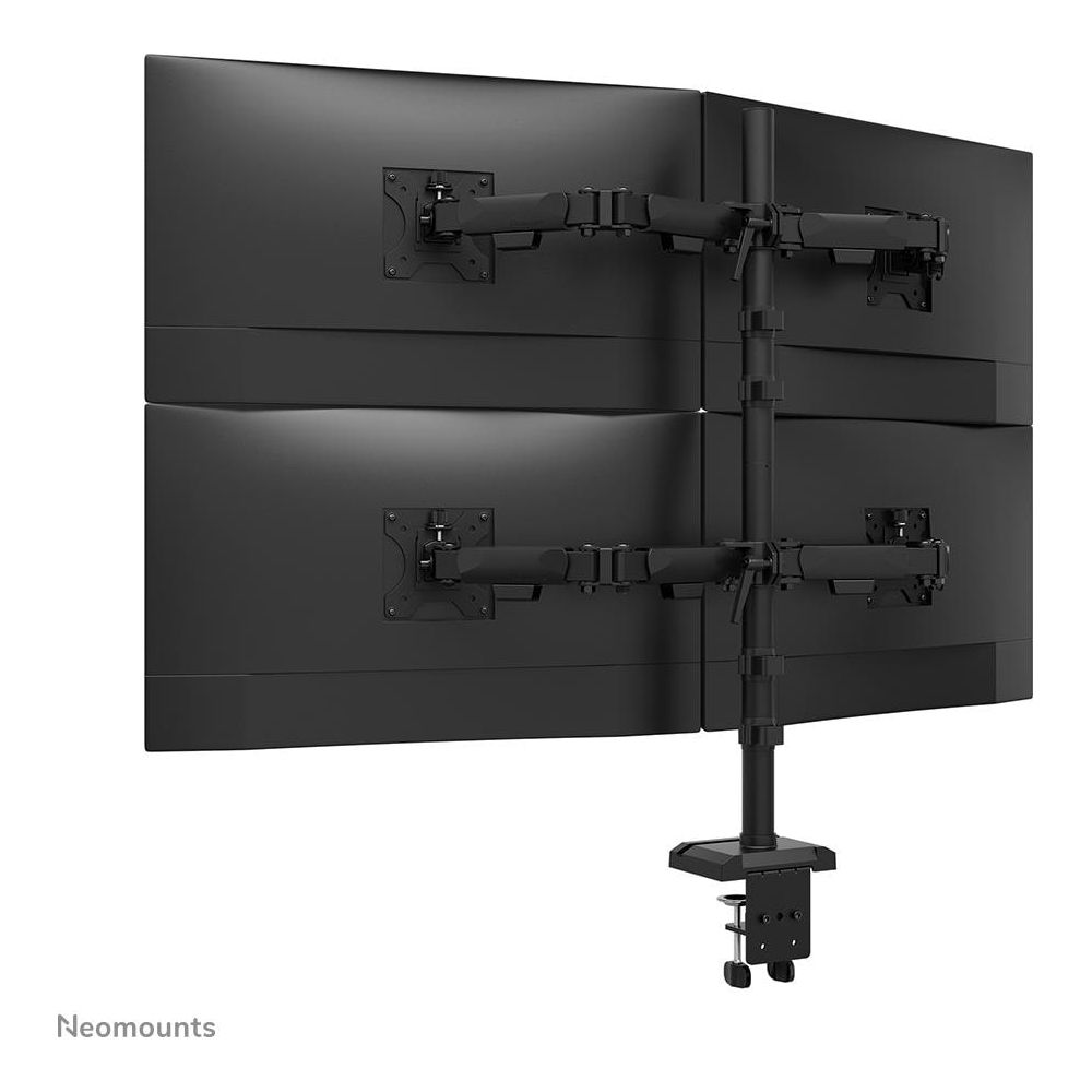 Supporto da scrivania nero per quattro monitor con bracci regolabili e morsetto.