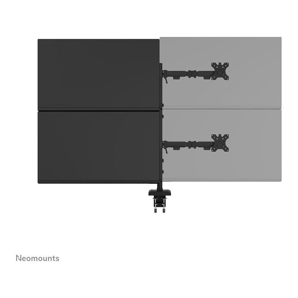 Un supporto da scrivania nero per due monitor con due schermi, lato destro grigio traslucido e logo Neomounts in basso.