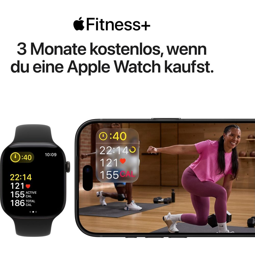 Pubblicità di Apple Fitness+ con Apple Watch e iPhone che mostrano le metriche di allenamento.
