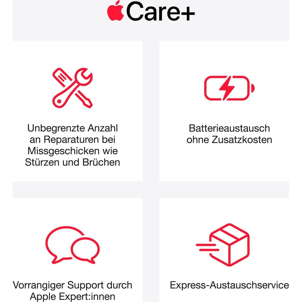 Infografica AppleCare+ con quattro icone rosse e testo in tedesco su riparazioni, batteria, supporto e servizio espresso.