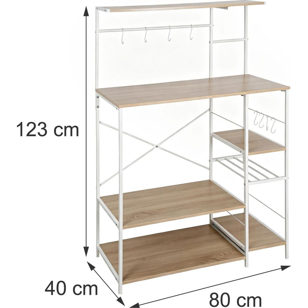 Holzfarbenes Küchenregal mit weißem Metallgestell, Haken und Maßen 123x80x40 cm.