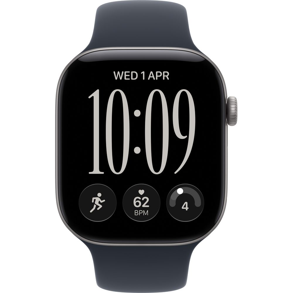 Uno smartwatch nero con cinturino blu scuro mostra l'ora 10:09, la data e i dati di attività.