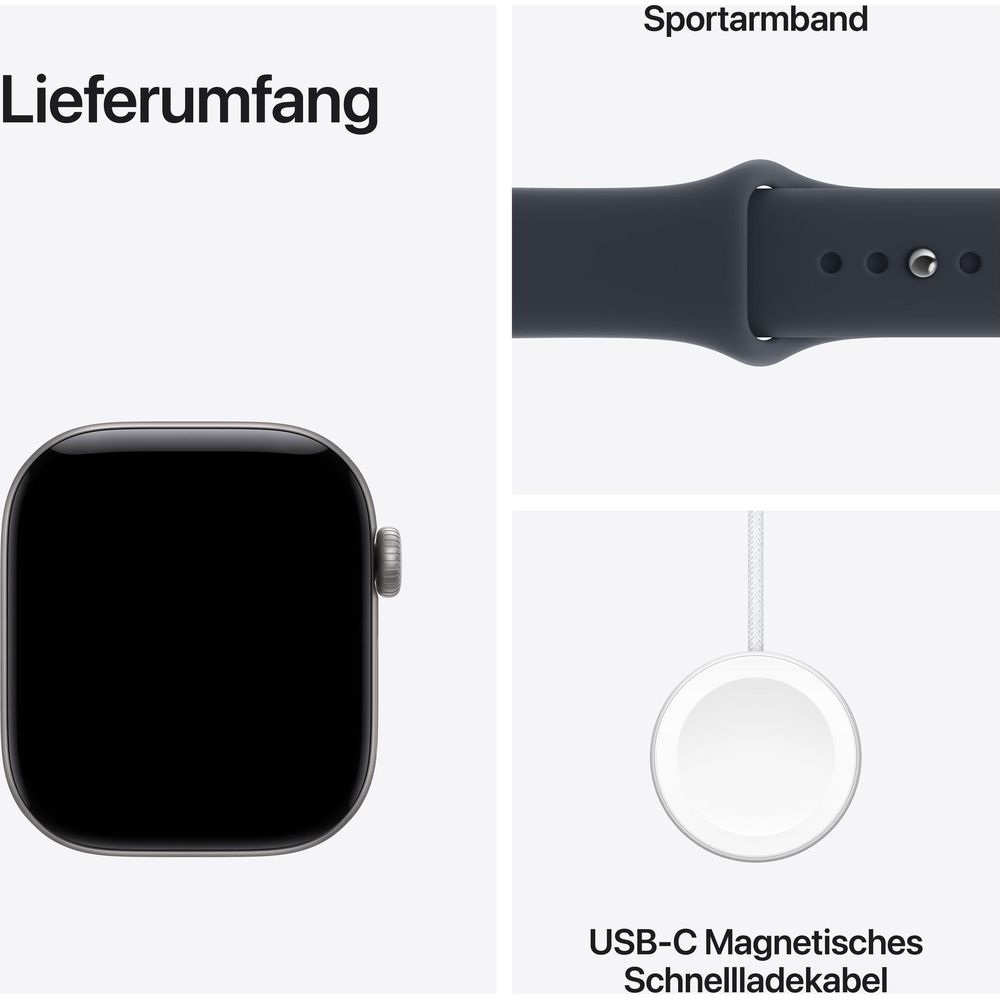 Contenuto: smartwatch, cinturino sportivo blu scuro e cavo di ricarica rapida USB-C bianco.