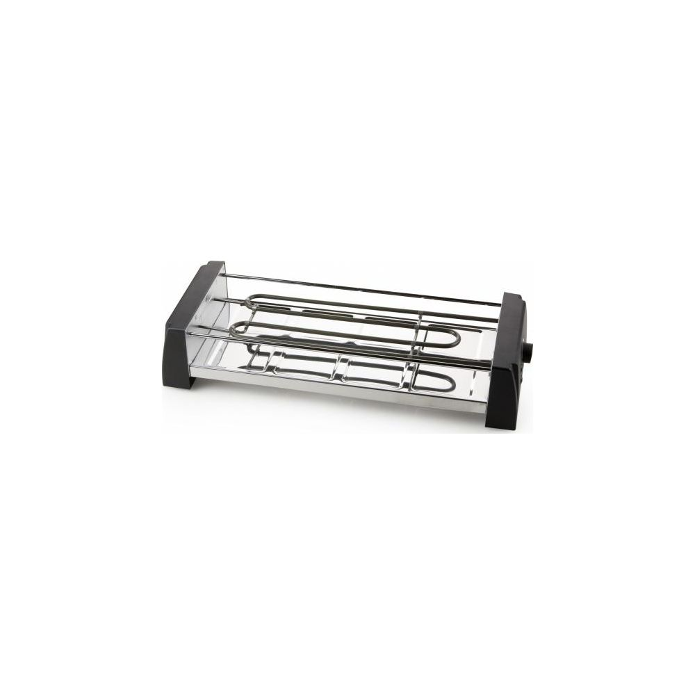 Ein rechteckiger, silberner Hotdog-Toaster mit schwarzen Endkappen und sichtbaren Heizelementen.